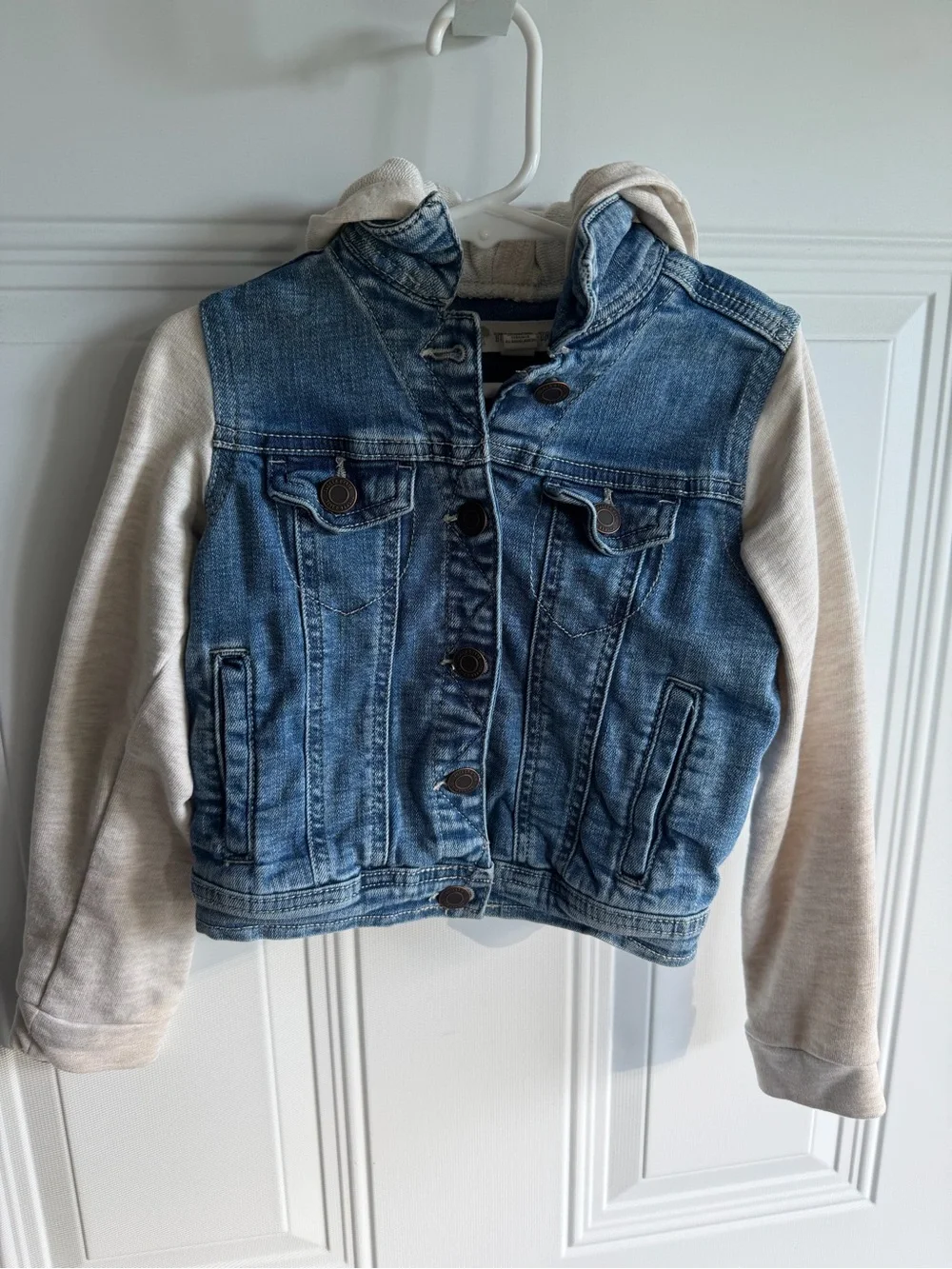 Tucker + Tate Blue Denim Jacket with colorful heart & hood on back size 5